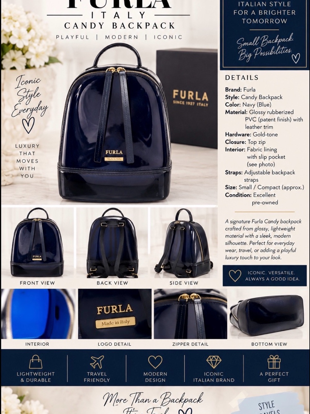 Furla Navy Gloss Patent Mini Backpack with Gold Hardware